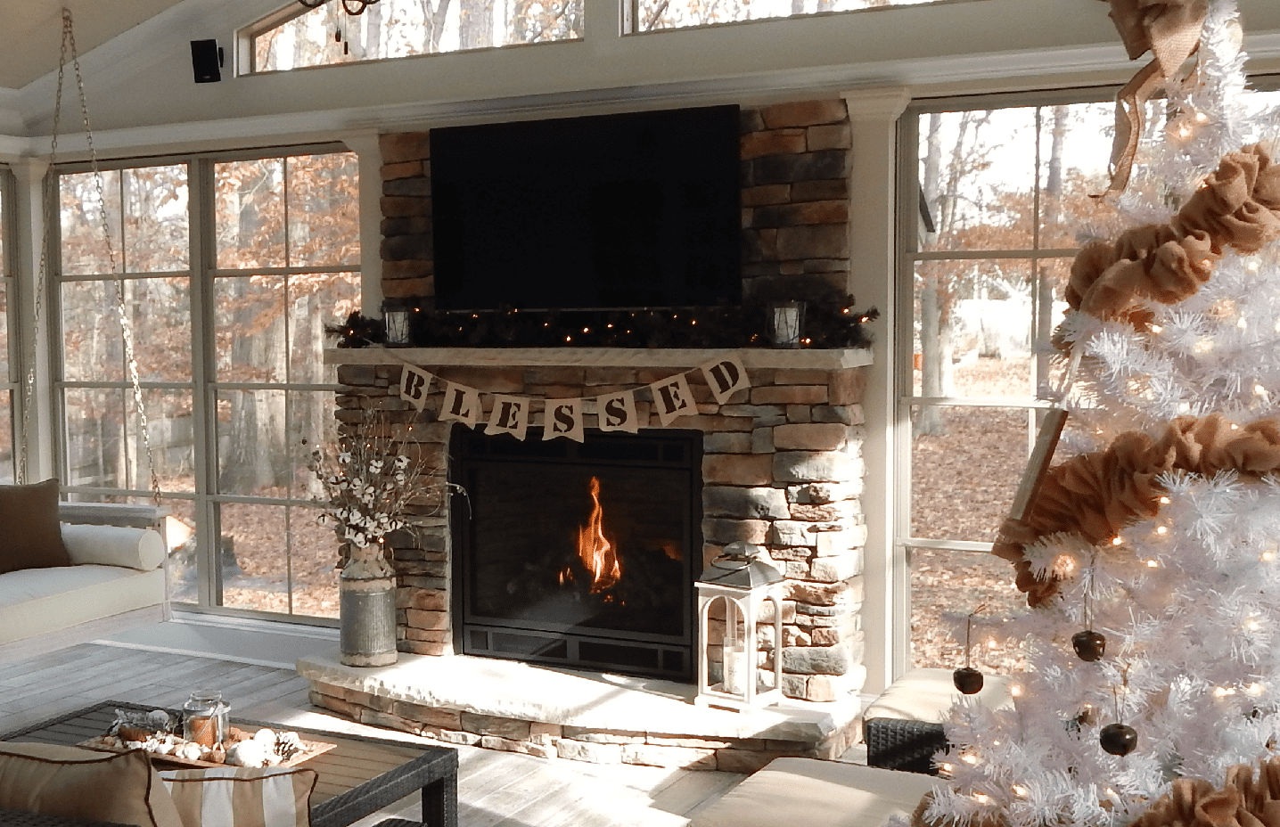 Raleigh 3 season room with fireplace